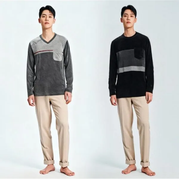 Men's velvet pajama set shown for surface, drape, and coordinated fit review